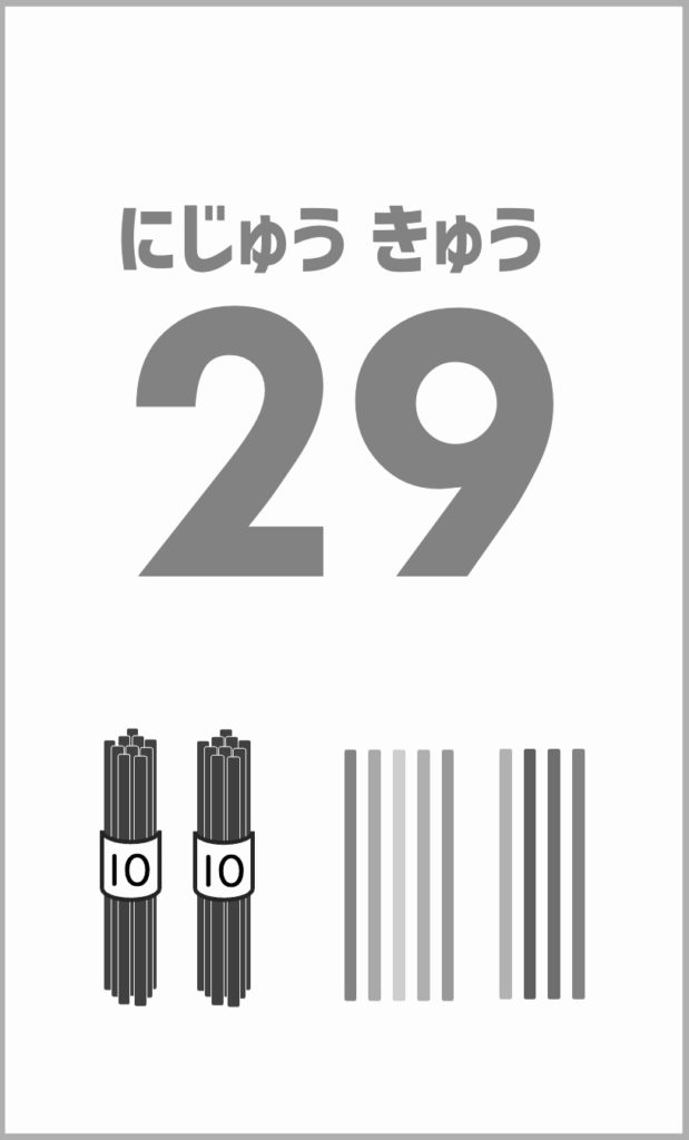 ふりがな付き数カード(モノクロ印刷版)の見本。数字の読み方(数詞)と数字を対応づけて学べるシンプルな数カード教材。