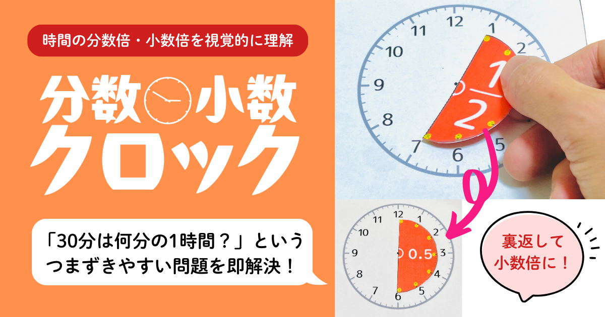 小5算数『時計と分数』を視覚的に理解するための分数・小数クロック教材のアイキャッチ画像。時計の目盛りと分数・小数を対応させて学習できることを示すデザイン。