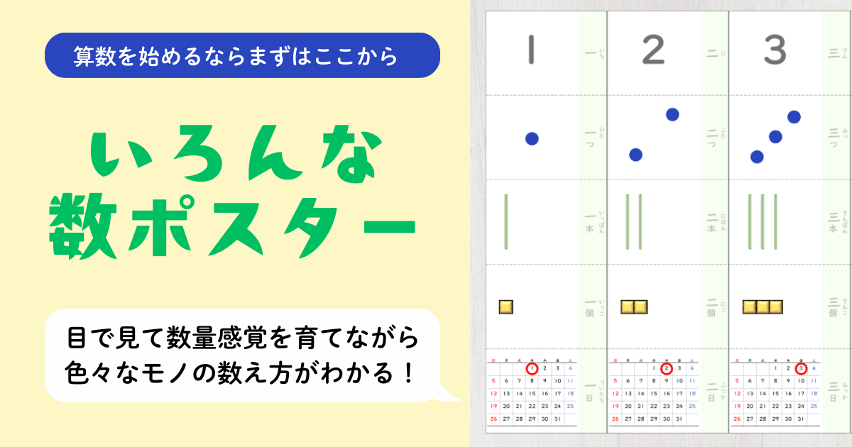 小1算数『いろんな数ポスター』教材のアイキャッチ。1〜3の数字を、ドット・棒・ブロック・カレンダーなど複数の表し方で示し、数量感覚を視覚的に育てられる教材であることを紹介している。