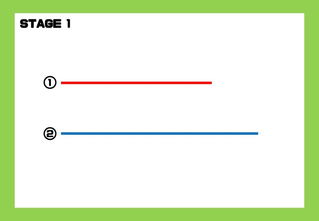 小2算数『ものの長さ』や『時刻と時間』を学ぶ際、子どもが線の長さを目で見て把握する力があるかを簡易的に確かめる教材の使用方法説明画像です。
