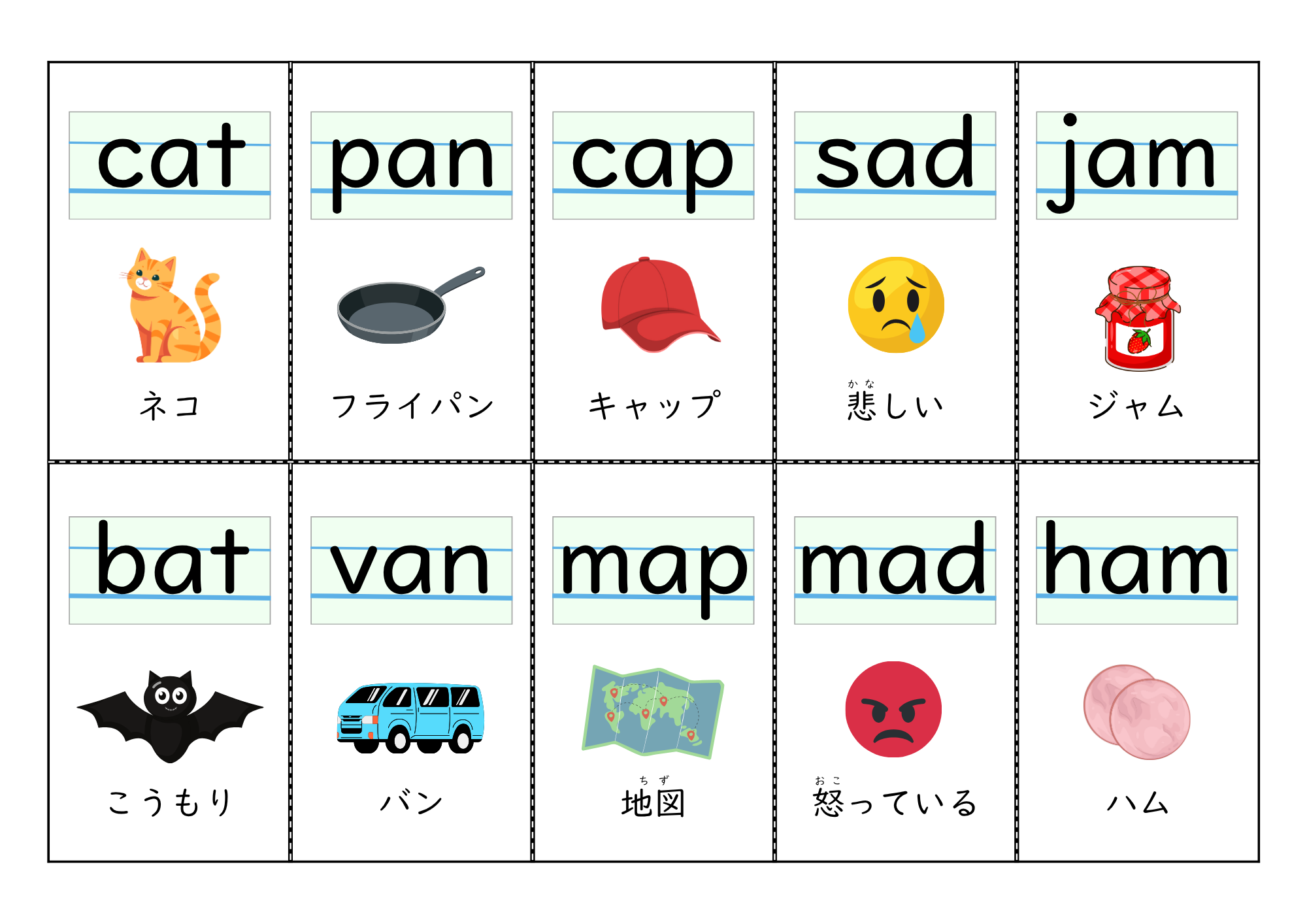 真ん中が母音の３文字の英単語カードの画像